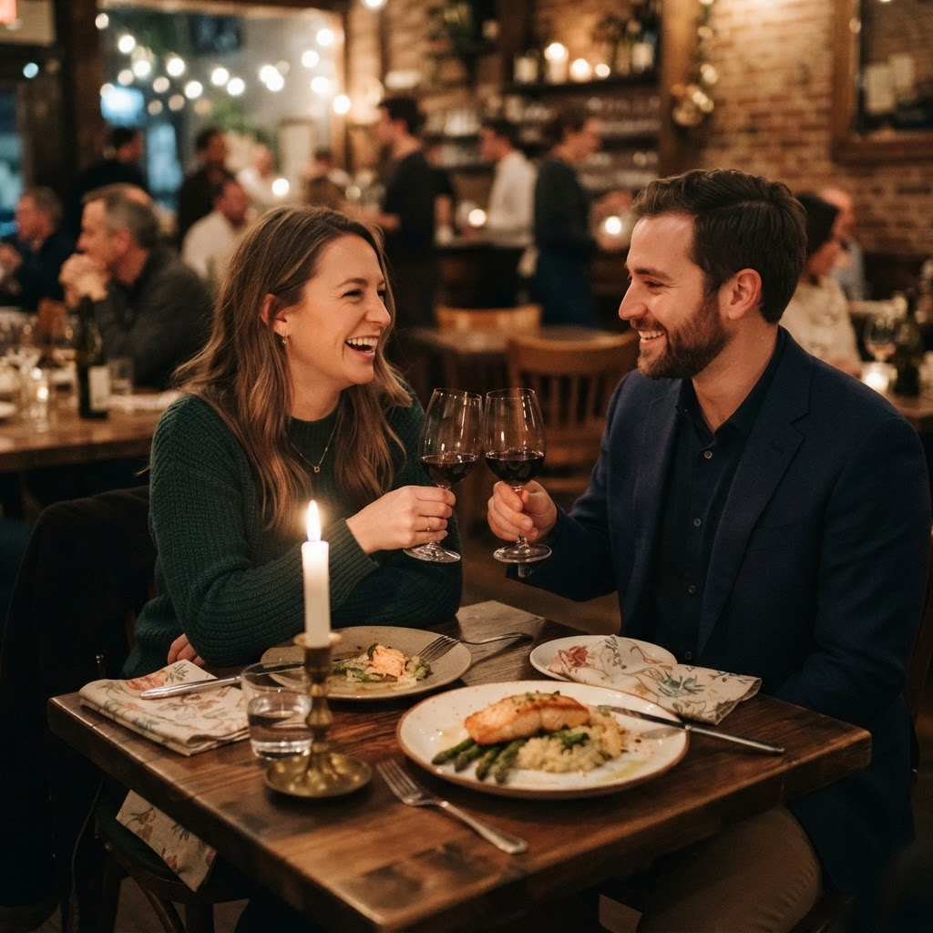 Parents enjoying dinner at a warm restaurant